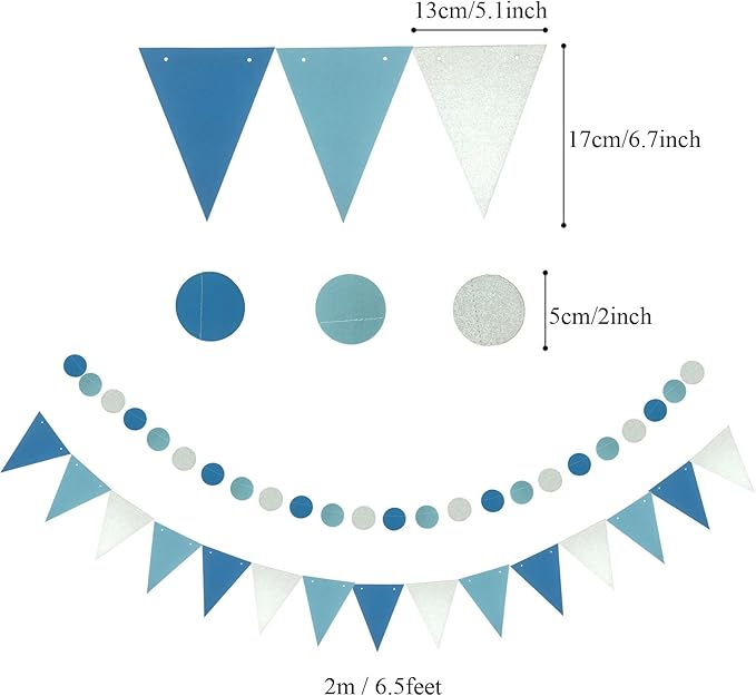 ZERODECO Birthday Decoration Set - Happy Birthday Banner with Fans, Pom Poms, Swirls and Balloons - Blue, Sky Blue and White