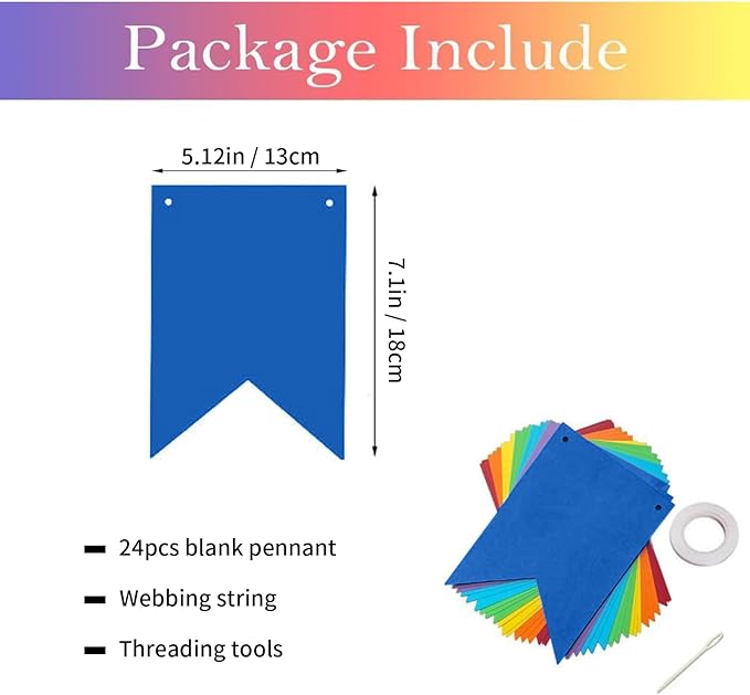 24pcs Blank Rainbow Banner Kit, DIY Text/Phrase Banner, Paper Pennant Banner Set, Customizable Banner for Birthday, Wedding and Bachelor Party, Anniversary Decorations Party Decorations