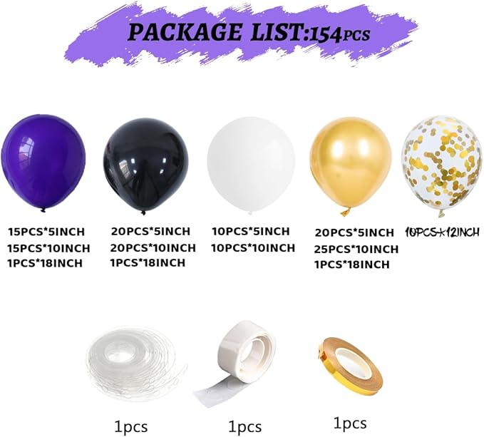 Purple Black White Balloon Arch Kit 154Pcs with Gold Confetti Balloon for Orange and Black Birthday Party Decorations Graduation Party Birthday Party