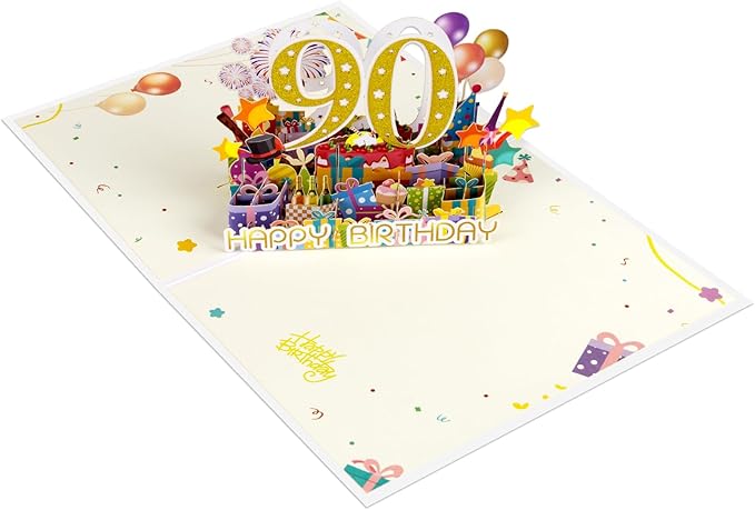90 Years 0ld Firework Pop Up Happy Birthday Greeting Card, ideal love Gift for Adult and Kid with Blank Note & Envelope, Foldable Celebration for Daughter, Son, Mom, Dad, Friend, Children