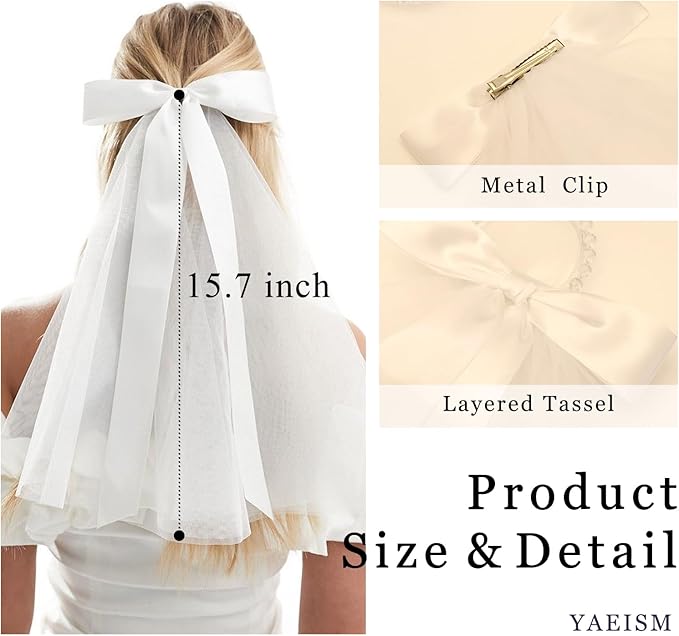 Bridal Veil Bachelorette Party Veil White Bow Wedding Veil Elegant Tulle Layer Hair Clip for Women and Girls