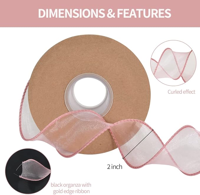 TONIFUL 1-1/2 Inch Wide Pink Wired Chiffon Ribbon Sheer Organza Ribbons for Crafts Floral Bouquets Wedding Car Party Decorations Valentine's Day Gift Wrapping Bow Making Tree Wreaths Decoration