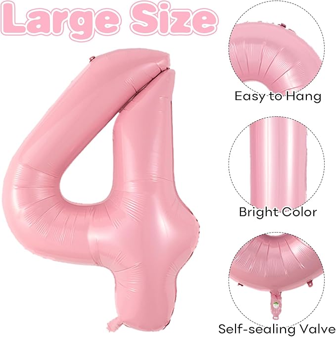 Pink 4 Balloon Number 40 Inch, Big Large Foil Number Balloons 0-9, Giant Light Pink Digital 4 Balloons, Baby Pink Number 4 Balloons Helium for Girls 4 Year Old Birthday Party Decorations Anniversary
