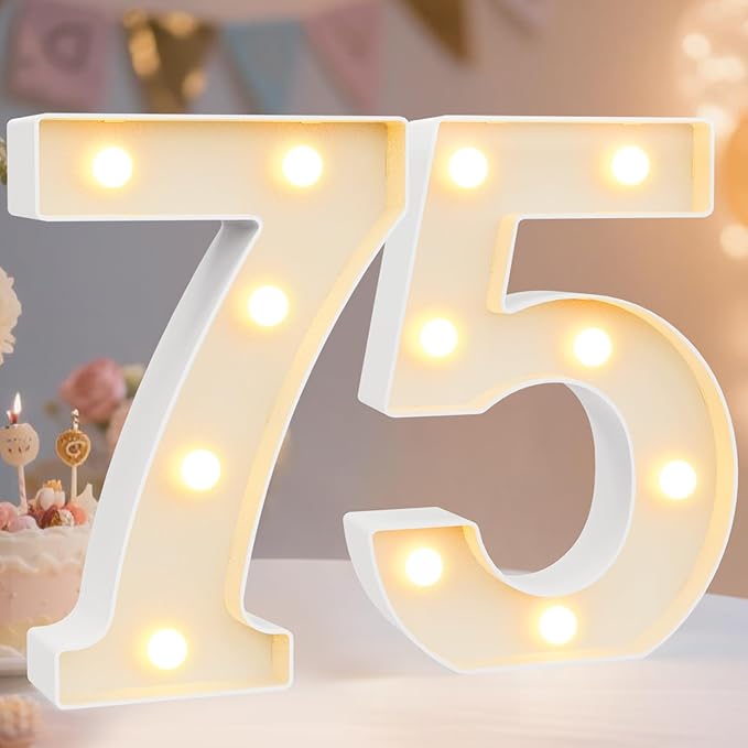 Pooqla Decorative Led Light Up Number Letters, White Plastic Marquee Number Lights Sign for 75th Birthday Party Wedding Decor Battery Operated Number (75)