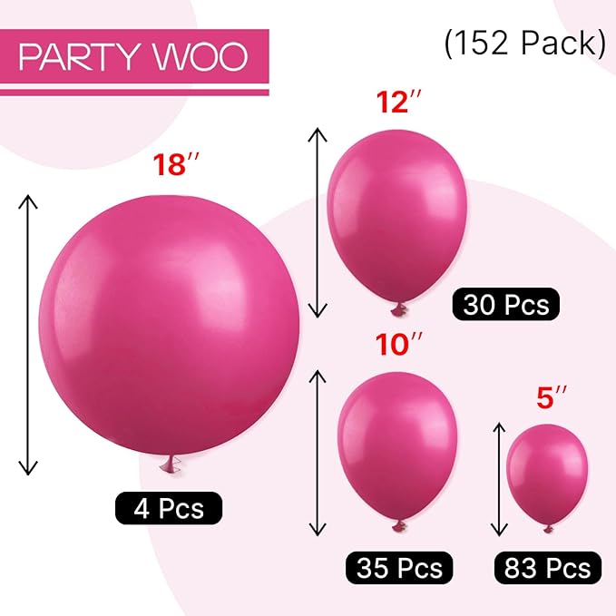 PartyWoo Hot Pink Balloons 152 pcs Different Sizes of 18 12 10 5 Inch Magenta Fuchsia Balloon Arch Kit Garland for Baby Shower Wedding Bridal Shower Anniversary Birthday Party Decorations Pink-Y12