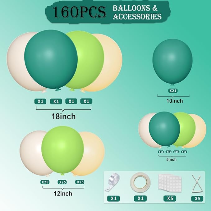 Green White Balloon Arch Kit, 160Pcs Dark Green Lime Green White Sand and White Balloons Garland for Birthday Baby Shower Anniversary Jungle Party Decorations