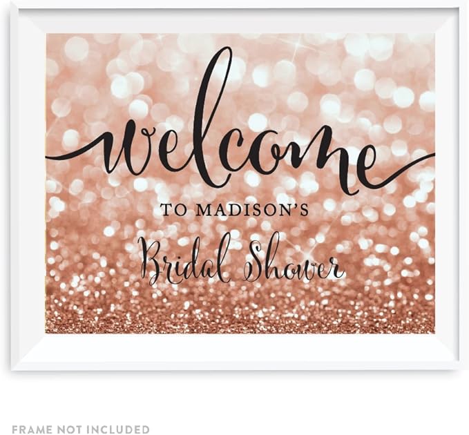 Andaz Press Personalized Wedding Party Signs, Glitzy Rose Gold Glitter, 8.5x11-inch, Welcome to Madison's Bridal Shower Sign, 1-Pack, Bokeh Colored Party Supplies, Custom Made Any Name