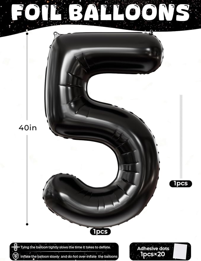 Black Number 5 Balloons – 40 Inch Giant Foil Number Balloon, Black Number Balloon for Men Women Boys Girls Birthday Graduation Anniversary Party Decorations