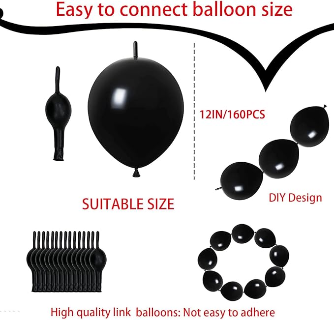 Link Balloons Black 12 Inch Latex Quick Linkale Balloon 160 Pcs for Birthday, Halloween, Christmas, Party Festival Decorations