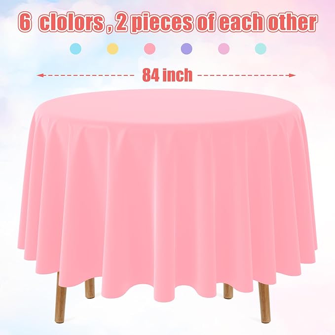 MASHAN 12Pack 84 Inch Round Pastel Color Tablecloths,Plastic Pastel Rainbow Tablecloth Disposable Round Table Covers for Baby Shower, Easter,Wedding, Birthday and Ice Cream Party Decoration,6Color