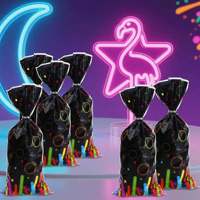 Neon Cellophane Treat Bags, 100 Pcs Neon Candy Goodie Gift Wrap Bags for Party Favors, Plastic Colorful Cookie Snack Bag with Twist Ties for Kids Birthday Halloween Party Favors Decorations Supplies
