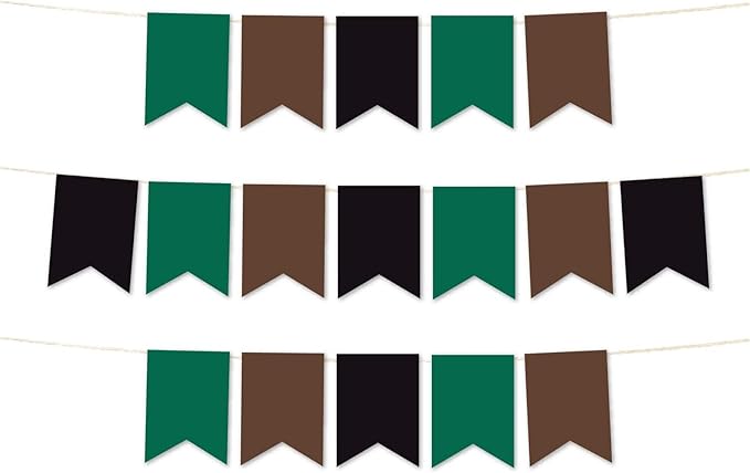 Andaz Press Hanging Pennant Banner with String, Emerald Green, Brown, Black, 1-Set, 24 Pennants, Approx. 12-Feet Long, Camouflage Woodland Theme Colored Supplies