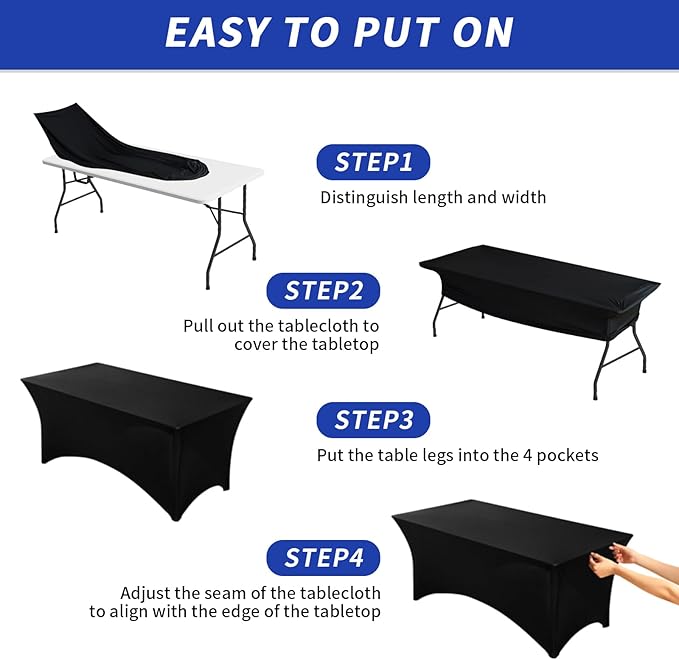 Fixwal 3 Pack Black Table Cloths Rectangle 8FT, Tablecloths Rectangular Stretch Spandex Fitted Table Covers 8 FT for Parties, Trade Shows, Banquet, Weddings, Buffet, Graduation Decorations