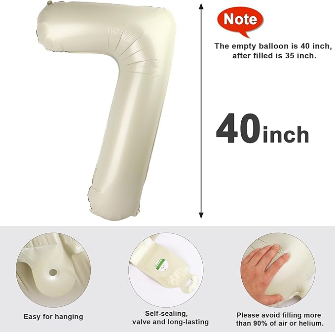 40 Inch Number 7 Balloon, Cream White Seven Birthday Decor, 7 17 27 70 Year Old Balloon Number for Engagement, Wedding, Graduations