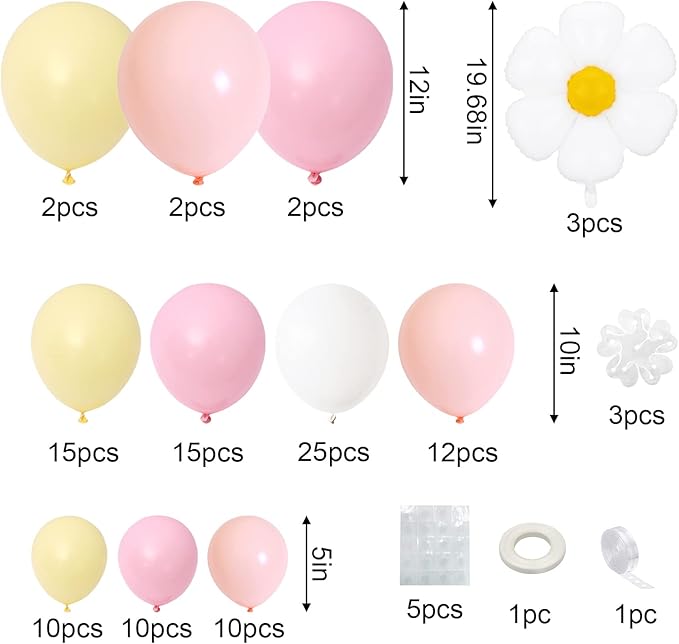 Daisy Balloon Garland Arch Kit,Retro Hippie Boho Pink White Yellow Balloons Garland Daisy Flower Balloons For Birthday Baby Shower Bridal Wedding Groovy Daisy Party Decorations