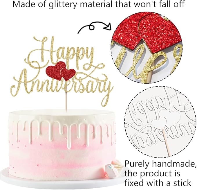 Kaoenla Happy Anniversary Cake Topper - Gold Glitter Happy Birthday Cake Topper, Company Anniversary Party Decoration, Wedding Wedding Anniversary Party Cake Decoration