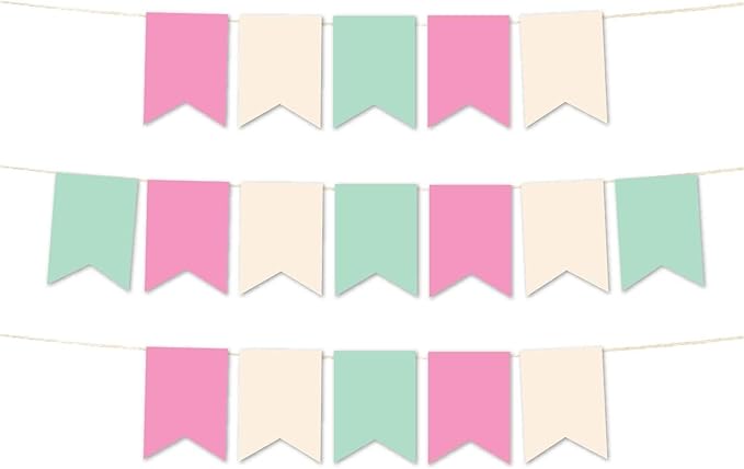 Andaz Press Hanging Pennant Banner with String, Pink, Ivory, Mint, 1-Set, 24 Pennants, Approx. 12-Feet Long