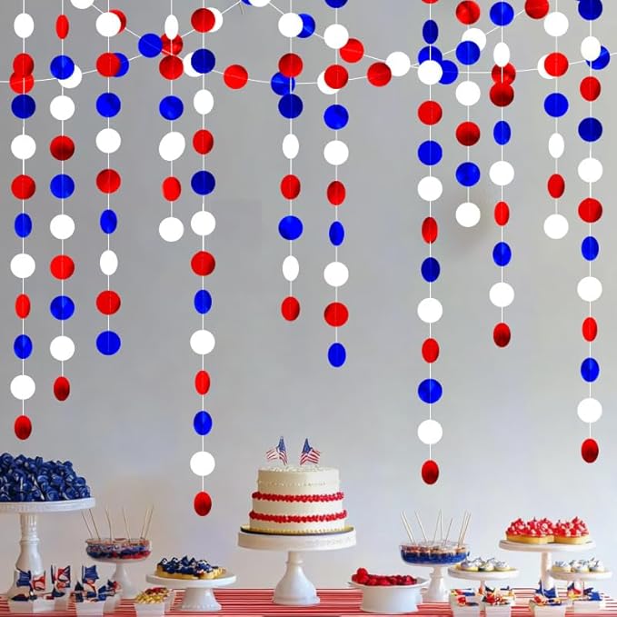 Patriotic Circle Dots Hanging Garland Red White and Blue Hanging Circle Dots Streamer Glitter Circle Backdrop for 4th of July, Independence Day, Memorial Day, Veterans Day, Labor Day Decor 40 Feet