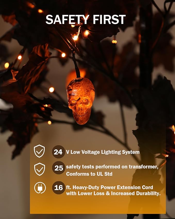 4ft Black Maple Halloween Tree with LED Skull Lights & Spiders - Indoor/Outdoor Waterproof Decor - 96 Bulbs, Dimmable Timer, 16ft Cord