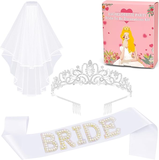 3Pcs Bachelorette Party Set-Wedding Tiara Crown, Veil with Comb & 'Bride' Sash - Bridal Decorations & Accessories Gift