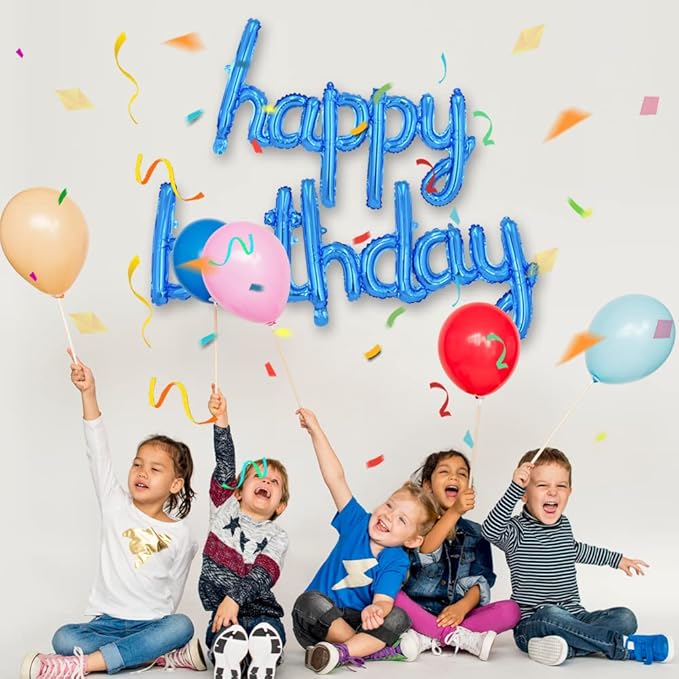 TONIFUL Blue Happy Birthday Balloons Banner, 16 Inch Mylar Foil Script/Cursive Letters Birthday Sign Banner Balloon Reusable Material for Girls Boys Kids & Adults Birthday Decorations