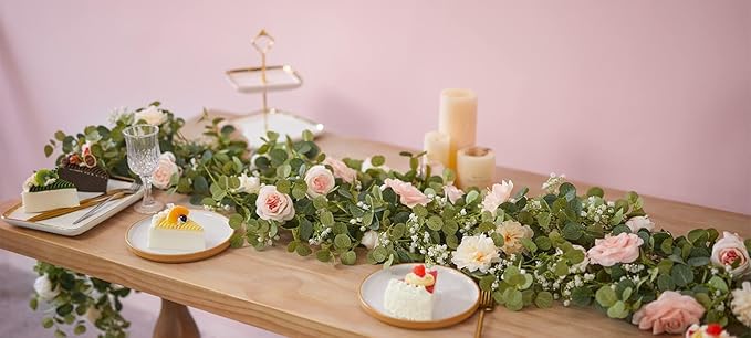 Anna's Whimsy 2PCS 5.91FT Artificial Eucalyptus Garland with Flowers, Fake Rose Gypsophila Garland, Faux Floral Garlands Greenery for Wedding Spring Home Party Table Runner Decor (Pink)