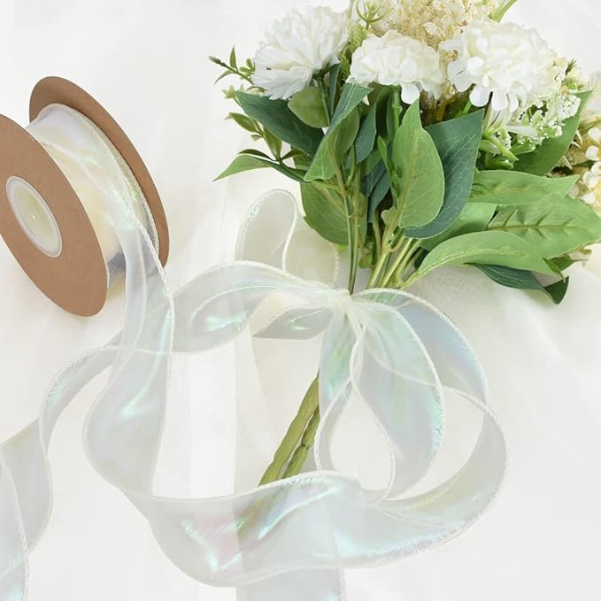 TONIFUL 1-1/2 Inch Wide Laser White Wired Chiffon Ribbon Shimmer Sheer Organza Ribbons for Crafts Floral Bouquets Wedding Party Decorations Valentine's Day Gift Wrapping Bow Making Wreaths (10yd)