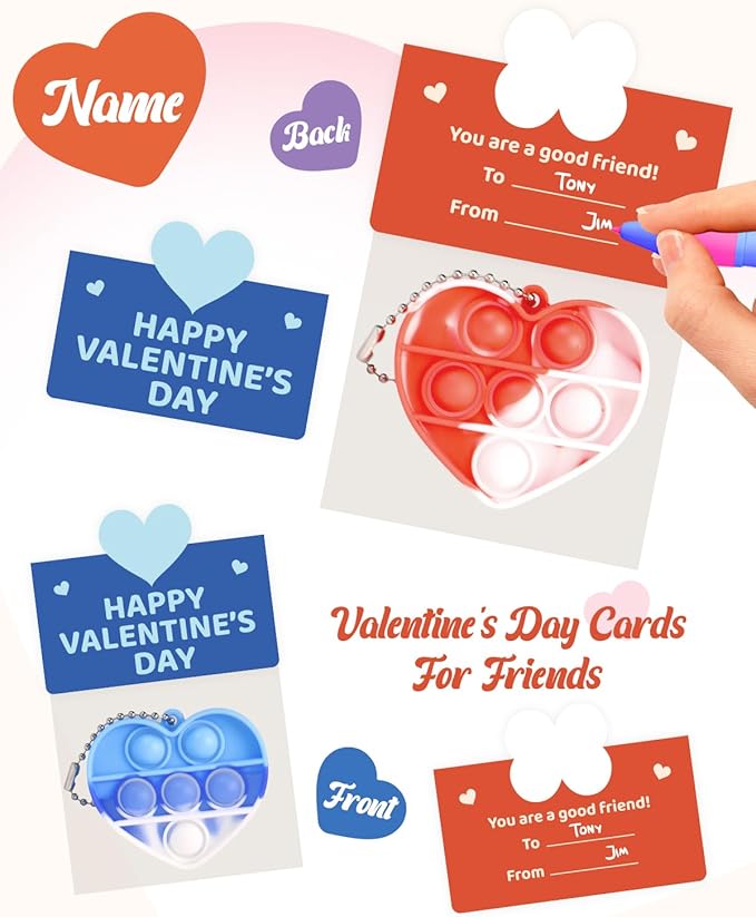 32 Pack Prefilled Valentines Day Pop Fidget & Cards Set for Kids Classroom - Mini Heart-Shaped Toys, for School Class Exchange & Party Favors