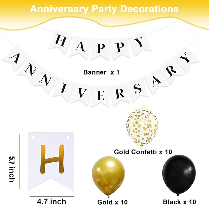 Happy Anniversary Banner Balloons Wedding Love Party and Background Indoor Outdoor Decorations (White & Black Banner Balloon)