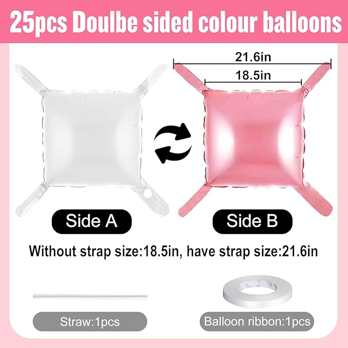 25Pcs Pink and White Square Foil Balloons Wall Backdrop, Double Sided Metallic Foil Balloons Tunnel Arch Garland Kit for Photo Booth Birthday Wedding Graduation Halloween Party Decorations