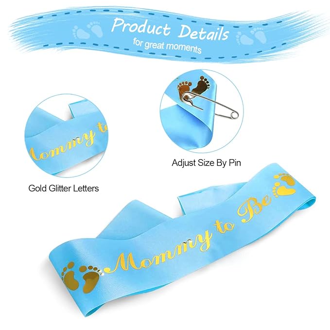 HUKONHEP 2 Packs Blue Baby Shower Sash, Mommy to Be Sash and Daddy to Be Badge, Baby Shower Decorations for Boys, Gender Reveals Gift