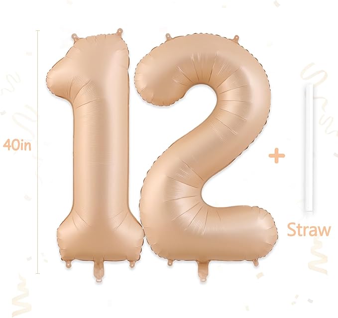 12 Balloon, Number 12 Balloon, Number Balloons 40 Inch, Beige Large Big Foil Number 21 Balloons for Birthday Party Graduation Wedding Anniversary Bachelorette Events Party Decoration Supplies