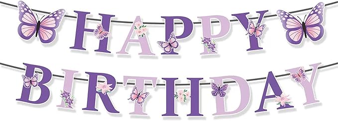 Butterfly Happy Birthday Banner, Pre-Strung Birthday Signs Banners, Birthday&Colorful Party Decorations for Girls, Boys, Women, Adults, Pets, Photo Backdrop & Wall Decor for All Celebrations