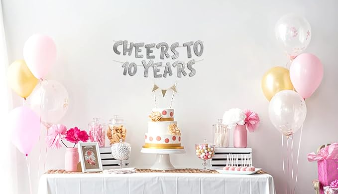Pre-Strung Cheers to 10 Years Silver Glitter Banner - 10th Birthday and Anniversary Decorations for Boys and Girls - Party Supplies and Gifts
