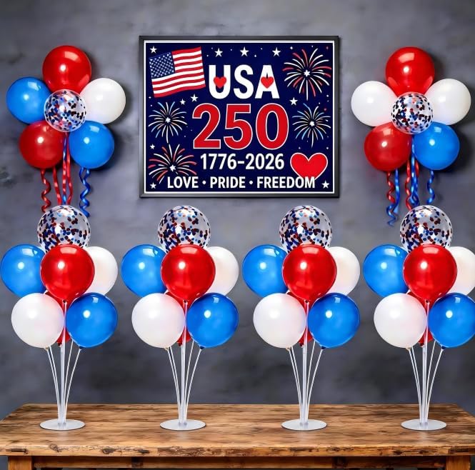 JOYYPOP 4th of July Balloon Centerpieces for Tables 4 Sets Balloon Stand Kit with 40 Red White Blue Confetti Balloons Patriotic 250th Anniversary Independence Day Table Decorations