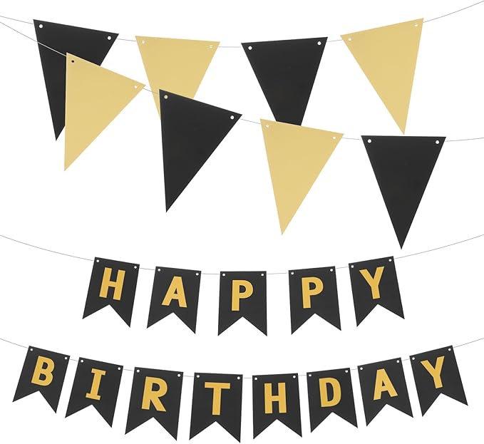 MECCANIXITY Birthday Banner 16 Feet Black Gold Birthday Decorations CardStock Birthday Sign with Pennant Banner Flags for Birthday Decor Backdrop Festival Party Supplies