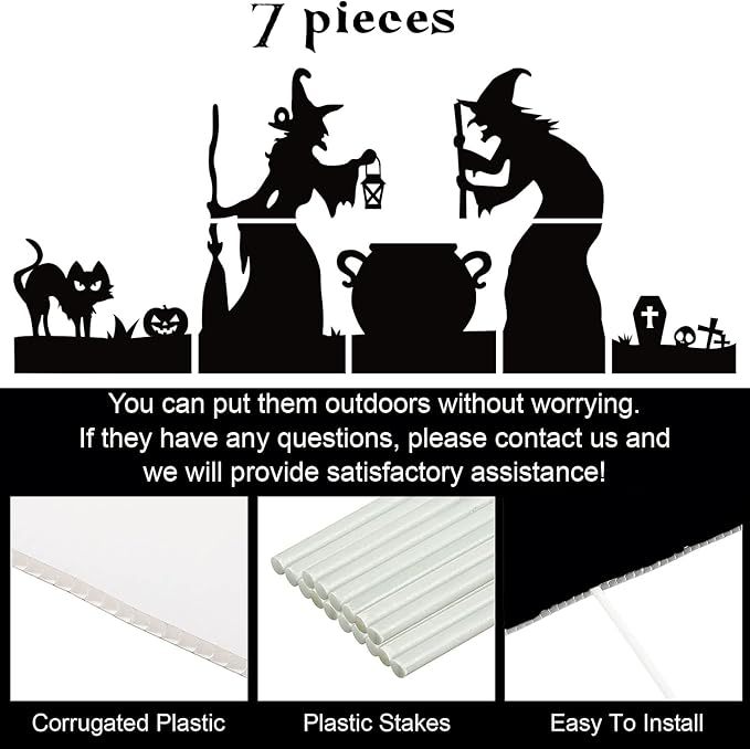 Large Halloween Witch Silhouette Decorations Outdoor, Witch Cutout Black Cat and Cauldron Set for Yard, Halloween Decor Outdoor, Scary Lawn and Party Decor, Waterproof & Easy to Install