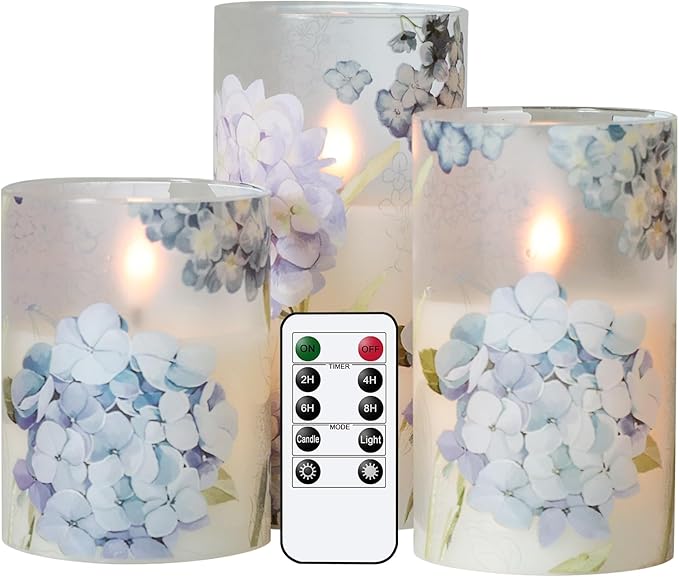 Hydrangeas Decals Glass Flameless Candles with Remote Timer, Battery Led Pillar Candles Flickering Real Wax Pack of 3 for Mother's Day Gift, Spring Dinner Home Decor, Φ 3" H 4" 5" 6"