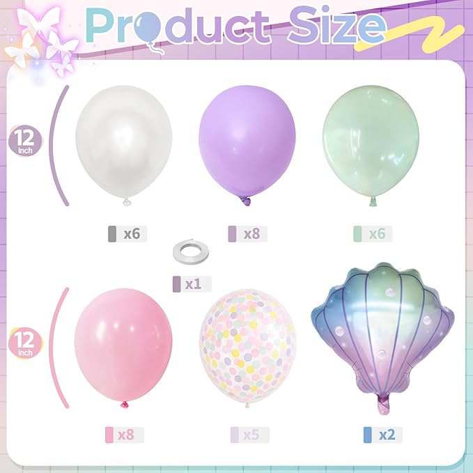 Mermaid Balloons, Pastel Pale Pink Light Purple Lilac Teal Pearl White Balloons with Seashell Foil Balloon Confetti Balloon for Girls Kid Sea Birthday Party Ocean Under The Sea Baby Shower Decorations