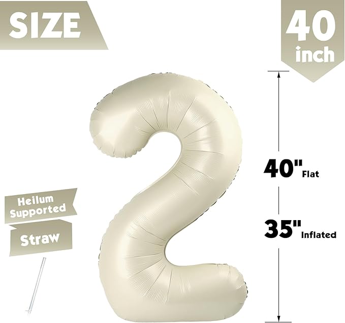 40 Inch Cream Number 2 Balloon, Giant 2 Number Balloons for 2nd Birthday Decorations, Party Supplies for Baby Boy Girl, Cream Party Decor