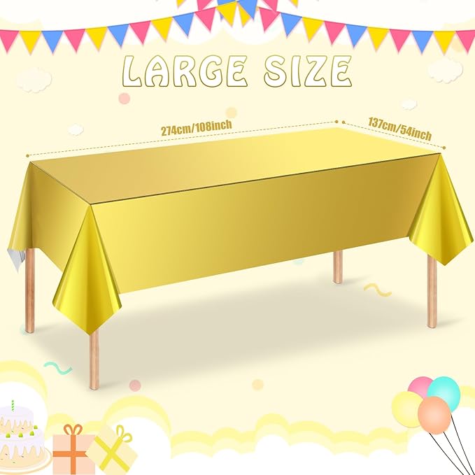 3 Pack Gold Plastic Tablecloth, Disposable Rectangle Table Covers, Holographic Metallic Foil Tablecloth Gold Party Supplies Decorations for Birthday Graduation Anniversary Bachelorette, 54x108Inch