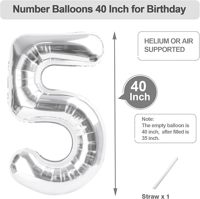 5 Number Balloon 40 Inch, Foil Balloons for Boys And Girls, Silver Number Balloons for 5, 15, 25, 50 Birthday Party Decoration, Anniversary, Wedding, Single Supplies