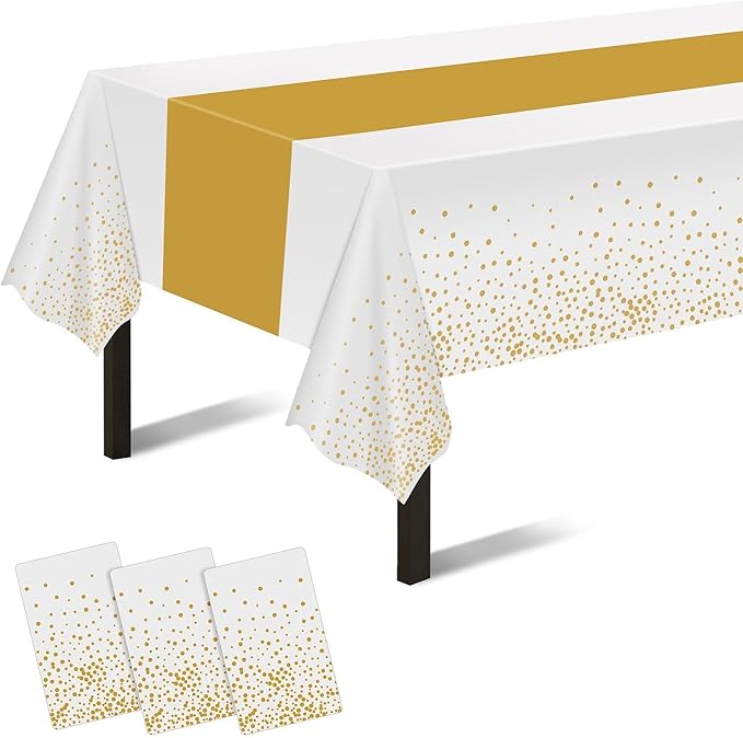 Childom 3 Pack Graduation Tablecloth,Graduation Decorations Class of 2026 Graduation Party Decorations,54"x108" White and Gold Plastic Table Cloth Disposable for Home,School,Birthday,Wedding,Parties