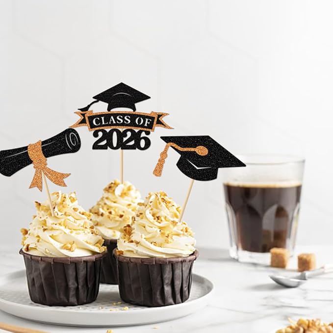 2026 Graduation Cupcake Toppers, 36 pack Orange Glitter Class of 2026 Congrats Grad Diploma Cap Cupcake Picks for 2026 Graduation Party decorating Supplies