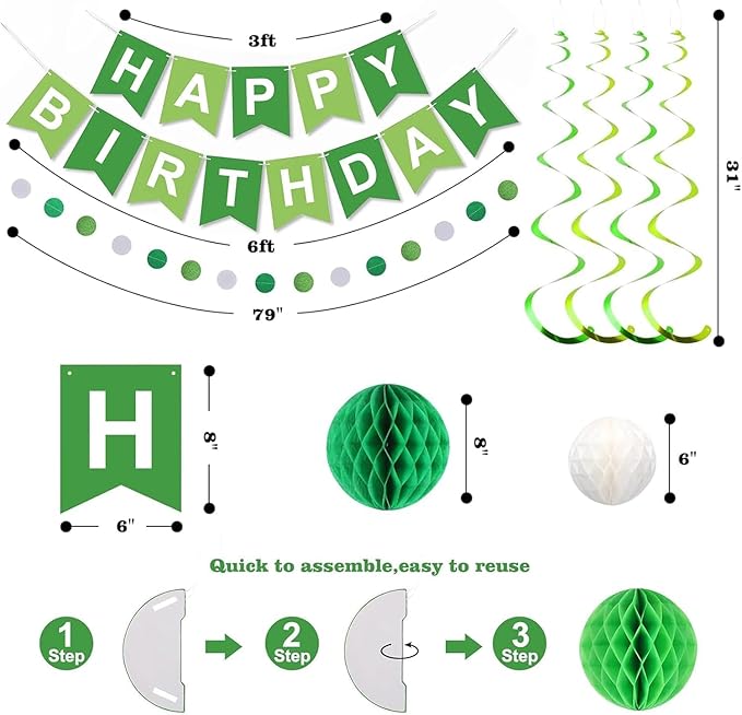 Green Birthday Decorations, Green and White Happy Birthday Banner, Happy Birthday Decorations for Women Men Girls Boys