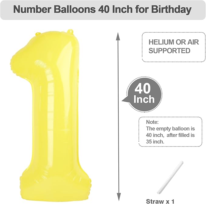 1 Balloon Number, 40 Inch Yellow Balloons for Birthday Party Decoration, Foil Number Ballon for 1, 10, 11, 15, 16, 18, 100 Celebration, Boy and Girl Birthday, Baby Shower, Anniversary Decor