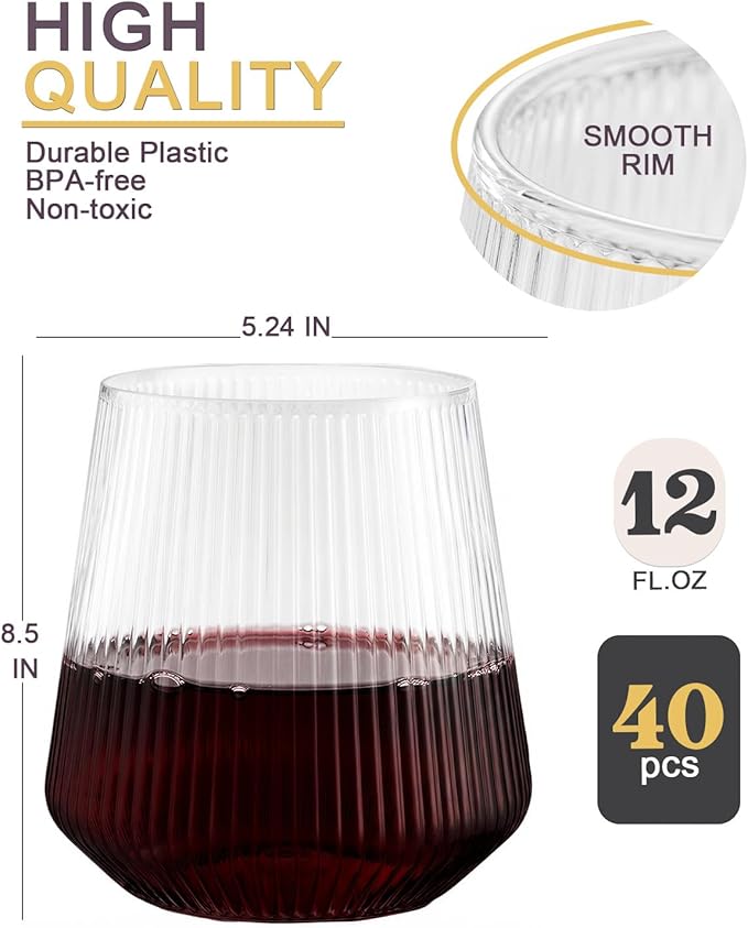 40 Pcak Ribbed Plastic Wine Glasses, Origami Ripple Disposable Stemless Wine cocktail Whiskey Champagne Glasses, 12 Oz Clear Unbreakable Cups for Party,Indoor,Outdoor,Wedding,Bars,Tasting