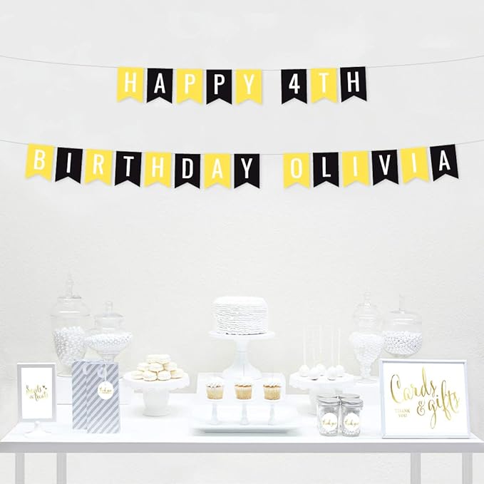 Andaz Press Personalized Hanging Pennant Banner Party Decorations, Yellow, Black, Happy 4th Birthday Olivia, 1-Pack, Approx. 5-Feet, Custom Name and Number