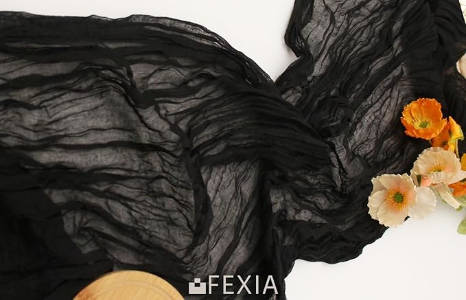 FEXIA 6 Pack Black Table Runner 35x120 Inches Gauze Rustic Farmhouse Gothic Decor for Halloween Thanksgiving First Communion Centerpiece Table Decorations (Black)