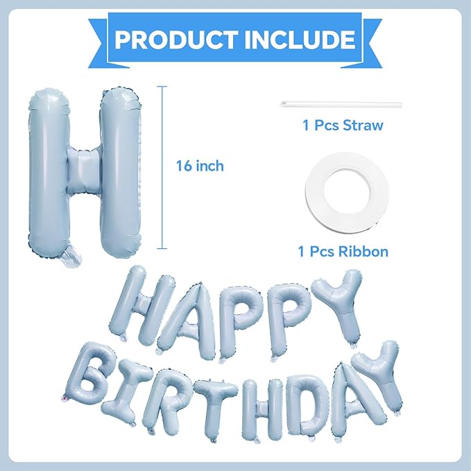 KALOR Pastel Blue Happy Birthday Balloons Banner, 16 Inch Mylar Foil Letters Balloon Sign for Birthday Party Decorations Photo Booth Backdrop